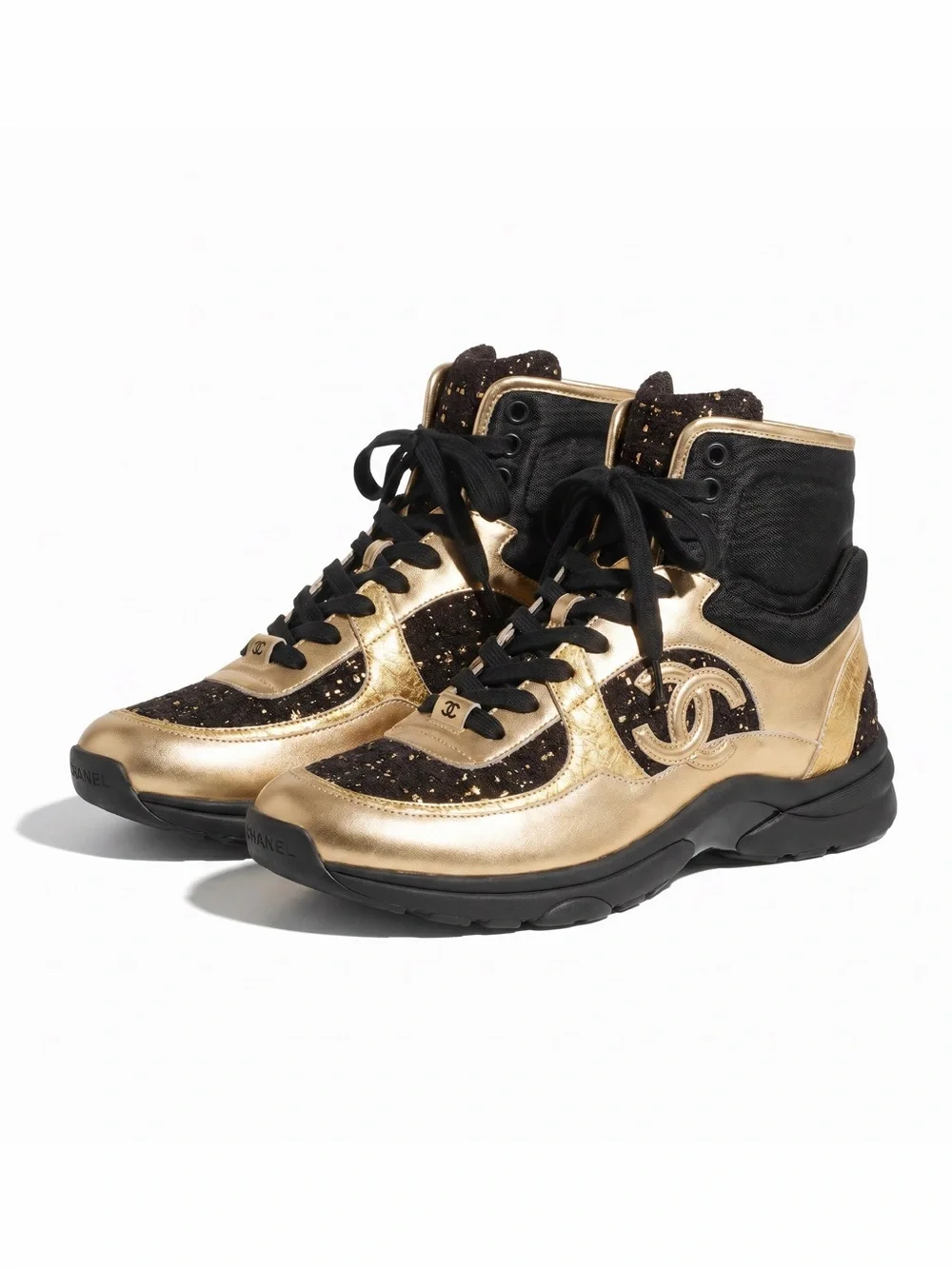 Chanel High Top Sneakers 19A Metiers d'Art Gold Metallic & Black Tweed SZ 39